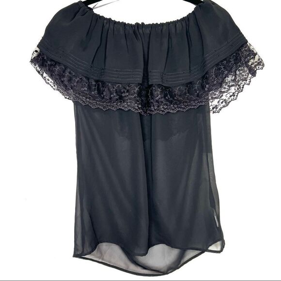 LUXE Jeans lace Crystal beaded Black off shoulder sheer 90s style Top xs - Picture 1 of 14